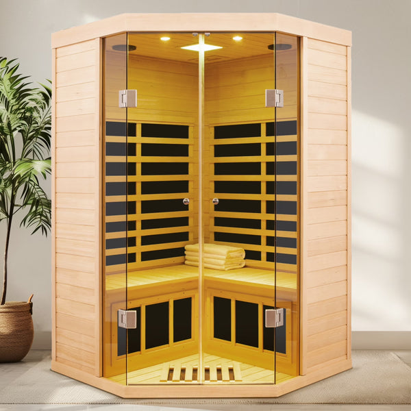 Infrared Sauna Room Designed for Home Relaxation, Canadian Hemlock Wood, 7 Heating Panels, Glass Front