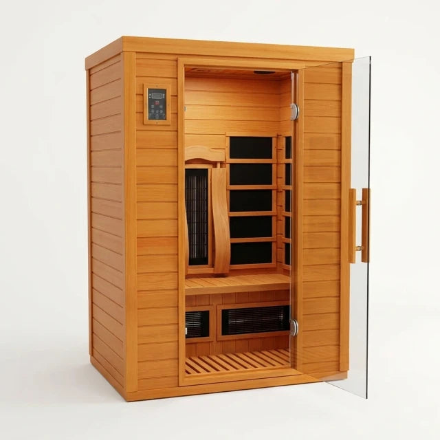 Indoor Infrared Sauna Built for Daily Wellness, 2-Person Capacity, Low EMF Carbon Panels, Canadian Hemlock Wood — Studio Shot
