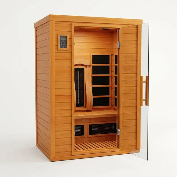 Indoor Infrared Sauna Built for Daily Wellness, 2-Person Capacity, Low EMF Carbon Panels, Canadian Hemlock Wood — Studio Shot