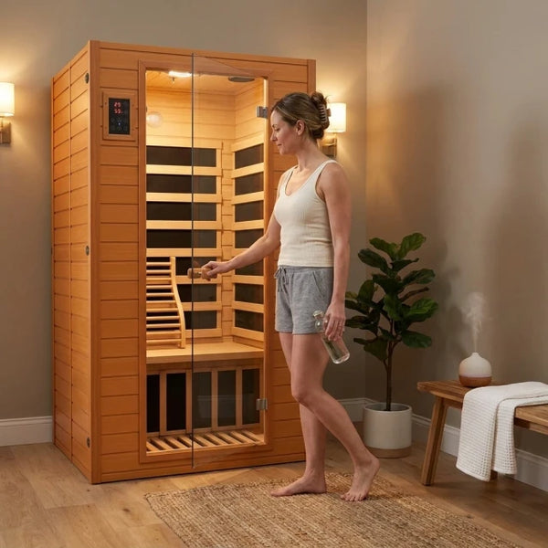 Infrared Sauna Built for Daily Wellness, 2-Person Capacity, Low EMF Carbon Panels, Canadian Hemlock Wood