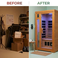 Indoor Infrared Sauna Built for Daily Wellness, 2-Person Capacity, Low EMF Carbon Panels, Canadian Hemlock Wood — Before & After